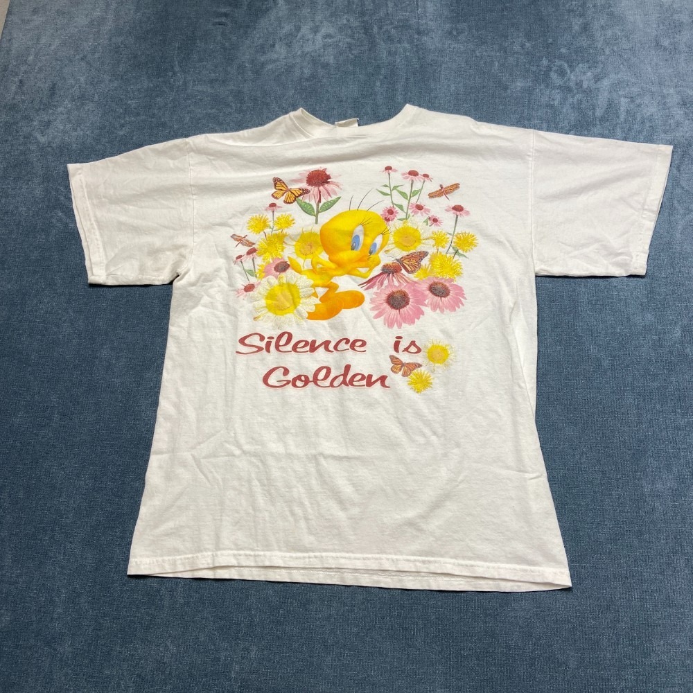 Vintage Looney Tunes Silence Is Gold T Shirt Womens L White Cotton Tweety Floral